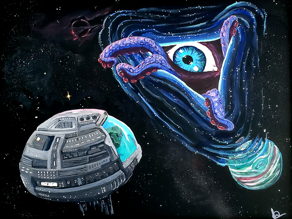 Acrylic painting, a great eye gazes through the folds of space at a space station